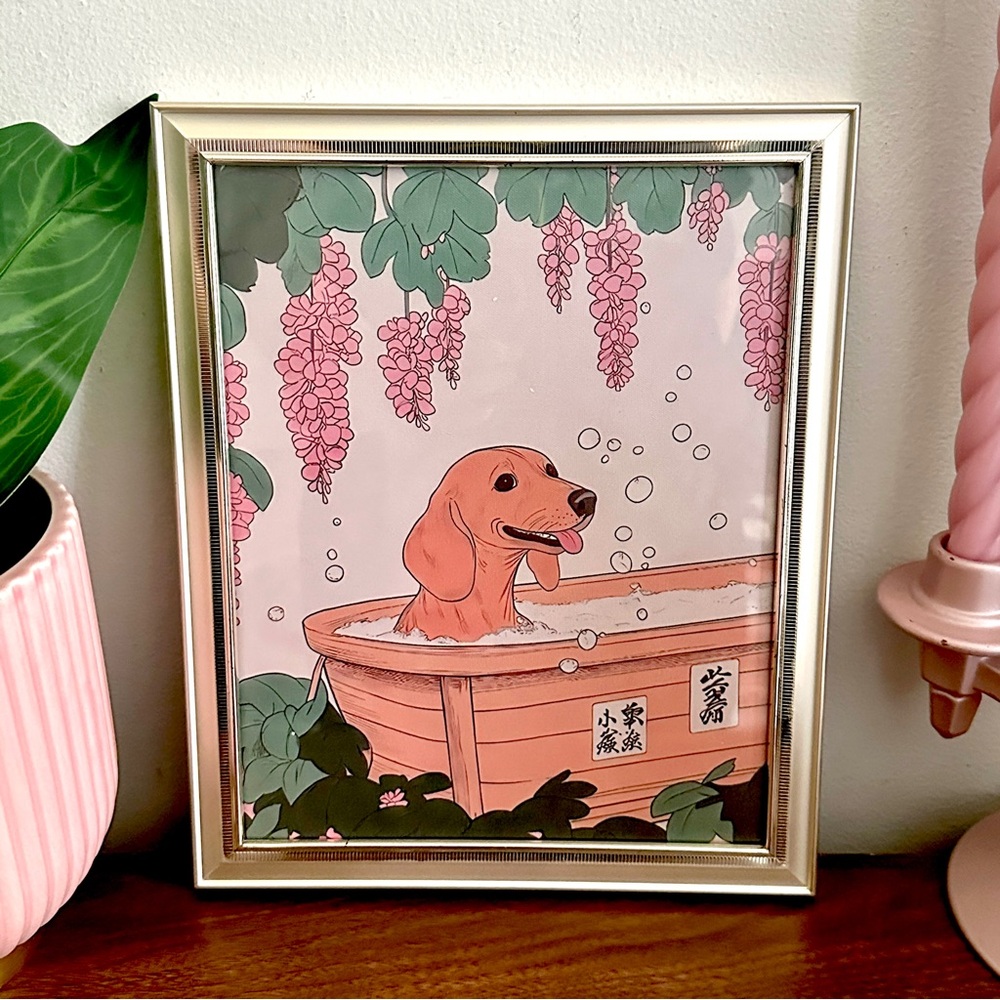 Tan Dachshund Bathtub Japanese Style Bathroom Print Bath Dog Wall Art Framed - Picture 3 of 10